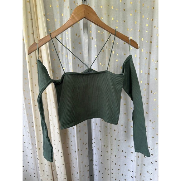 Zara Y2K Olive Off Shoulder Long Sleeve Knit Stretch Bandeau 1 Piece Crop Top XS - Picture 3 of 3